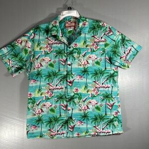 Men's Vintage RJC Hawaiian Shirt Mens Large Green Palm Trees Pink Pelicans